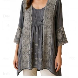 Johnny Was Large Tunic Top Rayon Pewter Gray Embroidered Eyelet Boho Festival